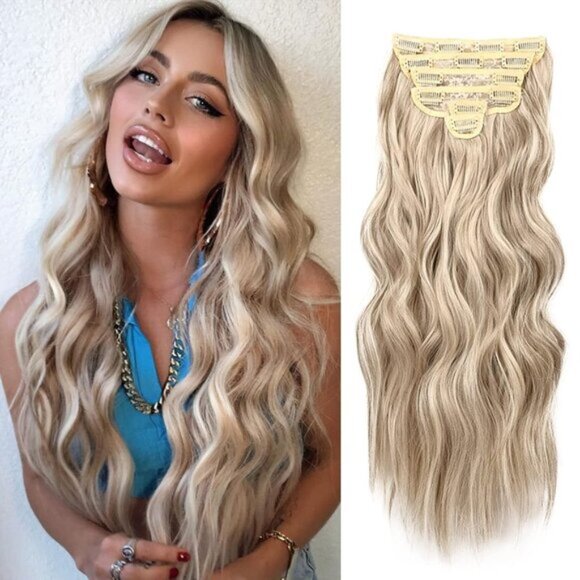 New 6PCS 20" Wavy Curly Ash Brown Mix Platinum Blonde Clip-In Hair Extensions